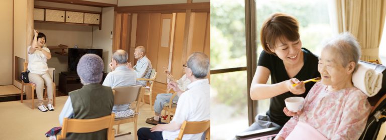 スタッフが入居者と食事や日常生活をサポートする様子